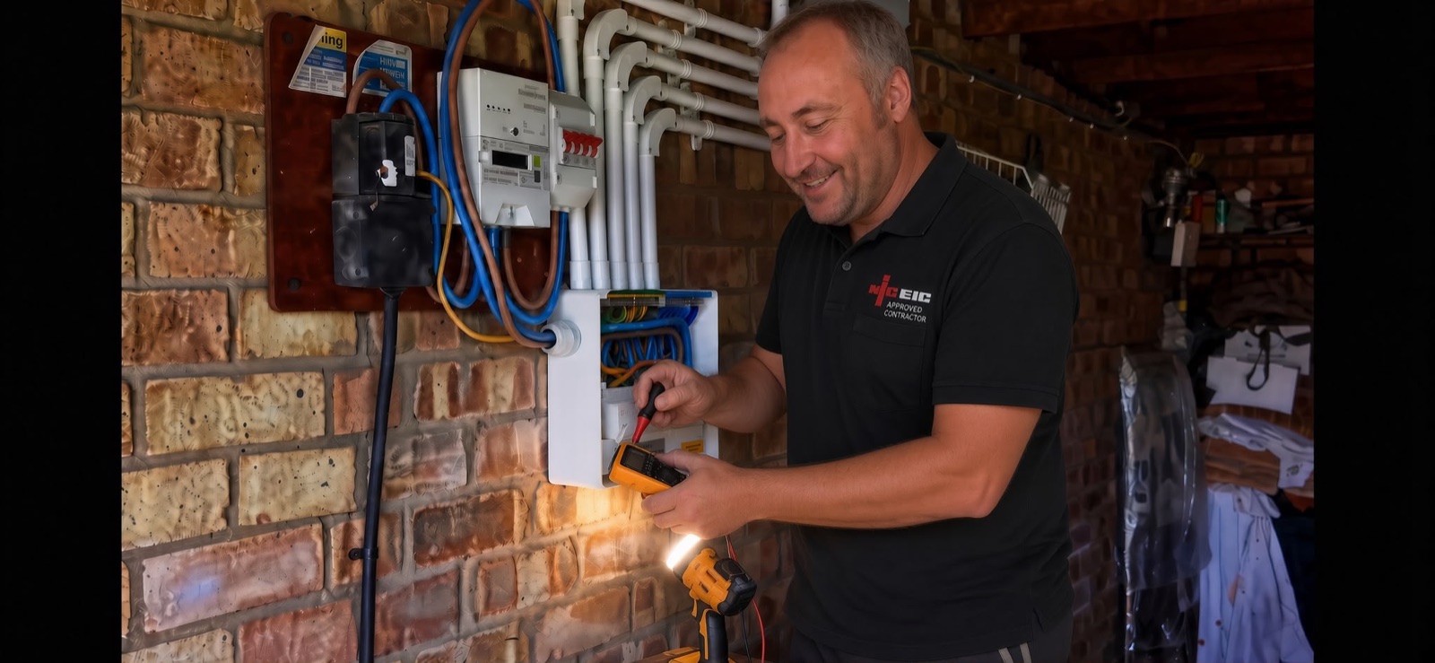 Robert Hill, NICEIC Approved Contractor, testing a consumer unit on-site
